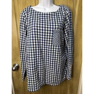 J Jill Blouse Blue White Gingham Check Long Sleeve Popover Top Pocket Size L